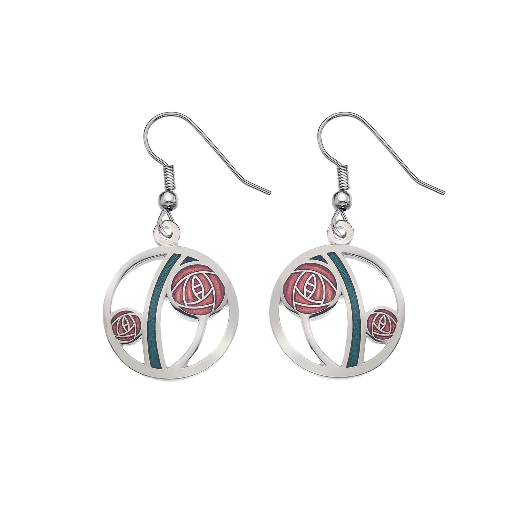 Rennie Mackintosh Inspired Round Rose and Bar 15 mm Hook Earrings (Red/Turquoise)