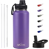Aiivow Purple Water Bottle 32 oz with Straw, Metal Vacuum Stainless Steel Water Flask, Leak Proof & BPA-Free Sports Mens insulated Water Bottle (2 Lids) for Gym,Hiking,Travel