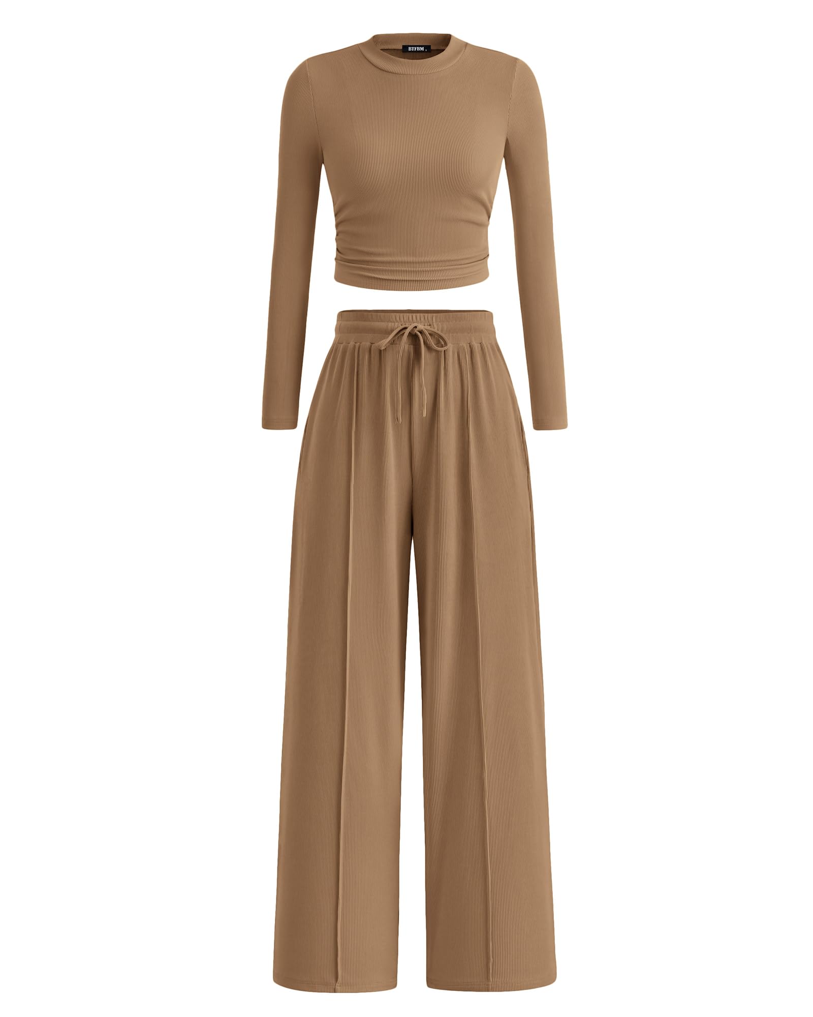 Photo 1 of BTFBM Casual 2 Piece Sets For Women Fall Outfits 2025 Ribbed Long Sleeve Crop Top Wide Leg Pants Matching Lounge Set(Camel, Large)
