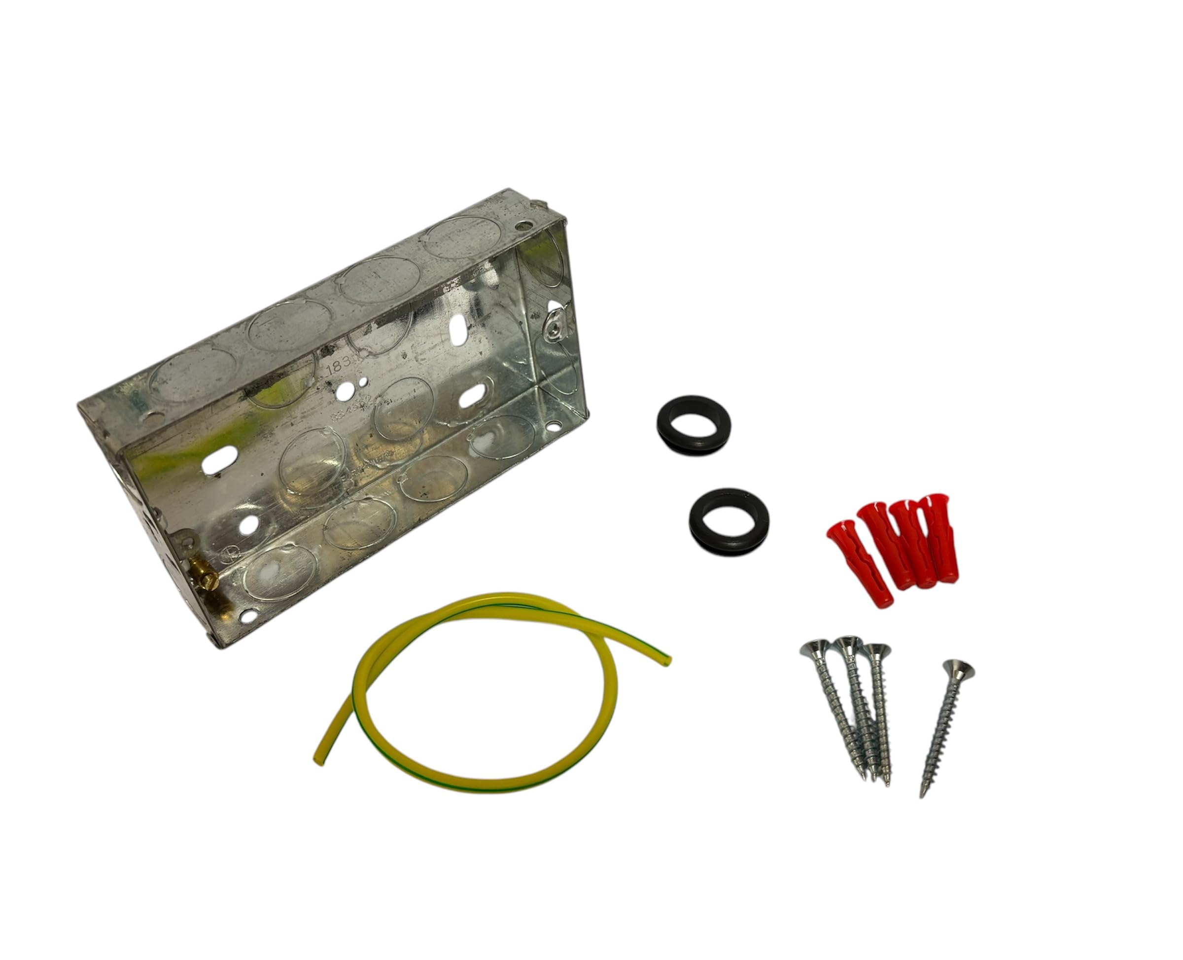 25MM 2 GANG METAL BACK BOX WITH ACCESSORIES - 1 × 25MM 2 GANG METAL BACK BOX, 4 × SCREWS (4.5 × 40MM), 4 × RED RAWLPLUGS (6 × 28MM), 1 × 3MM EARTH SLEEVING (30CM LENGTH) AND 2 × 20MM OPEN GROMMETS