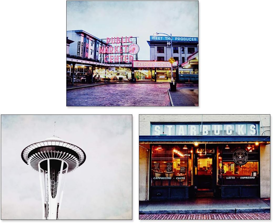 Photographs - Set of 3 Seattle Photos Space Needle Picture Pike Place Market Starbucks Wall Art Kitchen Decor 8x10 Inch Prints