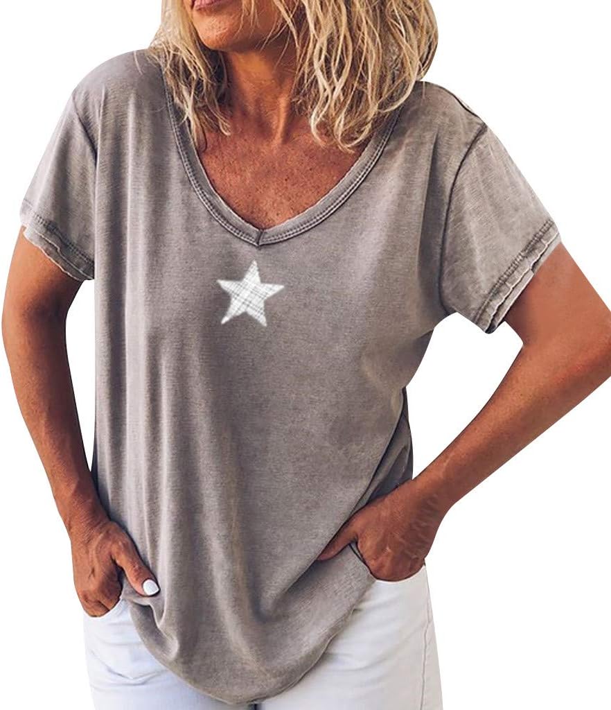 Gemira Women V Neck T Shirt Short Sleeve Shirts Loose Basic Tee T-Shirt Star Print Summer Casual Tops Blouses