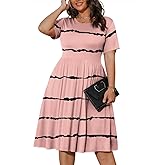 POSESHE Womens Plus Size Summer Dress 2026 Casual Short Sleeve Empire Waist Loose Fit Swing T-Shirt Dress with Pockets