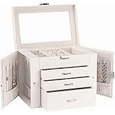 DQUTAR Jewelry Box for Women 4-layer Leather Large Jewelry Organizer Box with Drawers&Mirror for Necklace/Ring/Earring/Watch Storage (White)