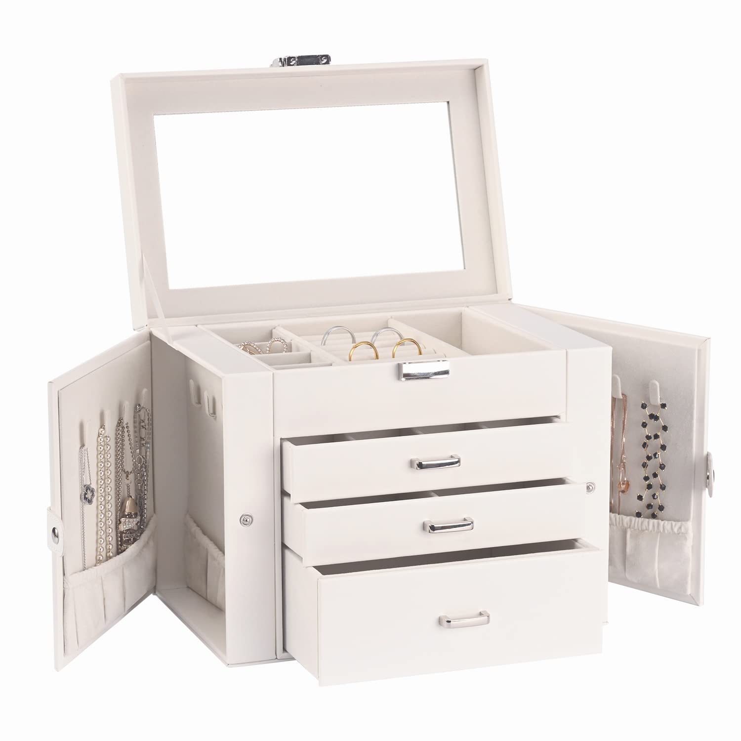 Photo 1 of DQUTAR Jewelry Box for Women 4-layer Leather Large Jewelry Organizer Box with Drawers&Mirror for Necklace/Ring/Earring/Watch Storage (White)