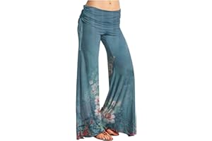 FLEKMANART Women's Summer Vintage Print Wide Leg Pants Casual Flared Drawstring Trousers Elastic High Waist Palazzo Pants