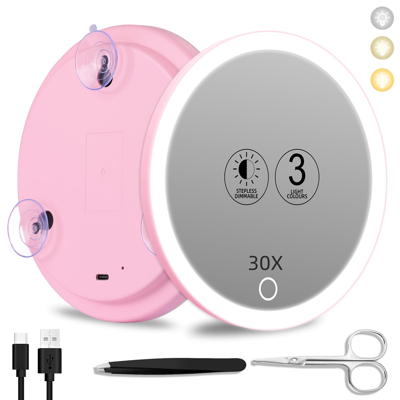 Suupvaor 30x Magnifying Mirror With Light, 3 Colors Dimming Lighted With 3 Suction Cups, Travel Light Up High Magnification Makeup Mirror With Tweezers Scissors