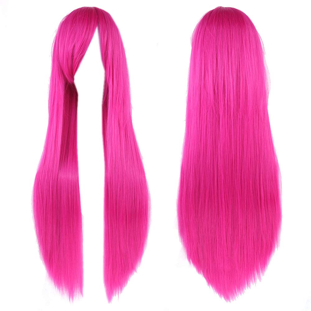 Fouriding 32" Rose Red Women's Long Straight Full Wigs Costume Synthetic Hair Hairpieces with Oblique Bangs for Halloween Anime Cosplay Party Girl Women +Wig Cap