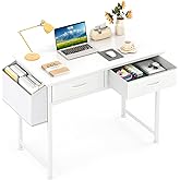 CAIYUN Small White Desk with Fabric Drawers for Bedroom, 31 Inch Home Office Desk with Side Pocket and Hook for Small Space, 