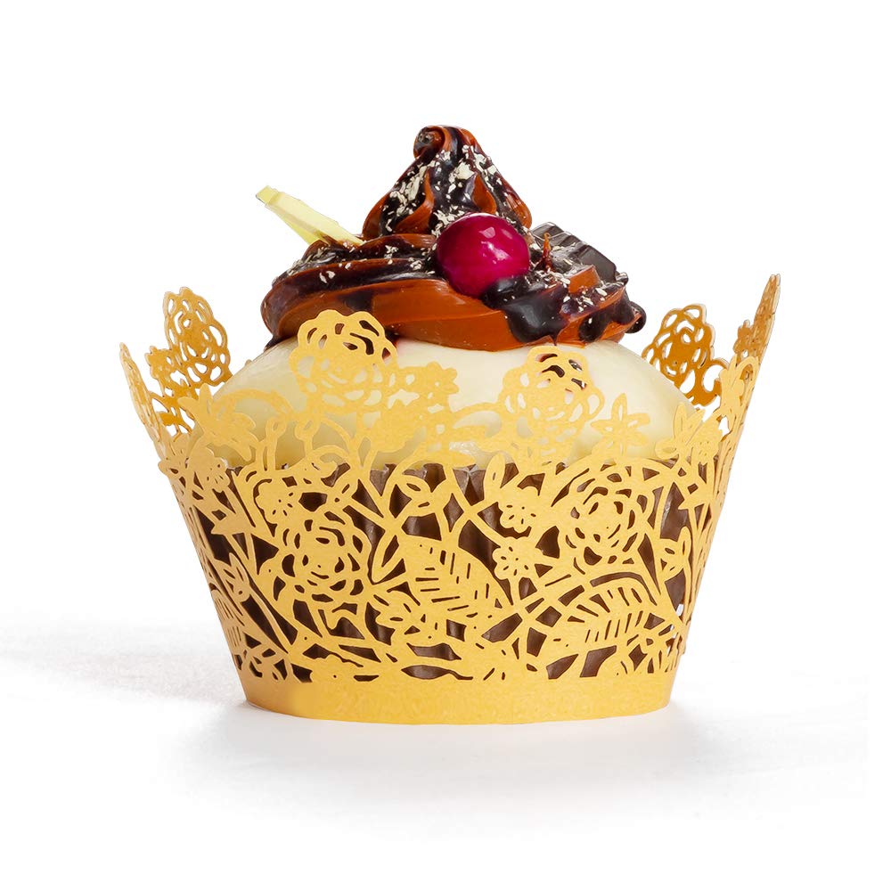 YOZATIA 60pcs Gold Rose Lace Cupcake Wrappers Holders, Laser Cut Cupcake Liners Decorative Liners for Wedding Party Birthday Cake Decoration Supplies