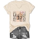 Western Country Shirt for Women Cowgirl Cartoon Boots V Neck Short Sleeve Tops Vintage Cowboy Graphic Tees