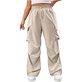 Verdusa Women's Plus Size Cargo Pants Drawstring Waist Ruched Baggy Parachute Pants Streetwear Joggers with Pockets