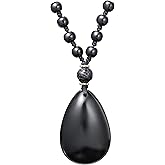 Jewever Black Obsidian Waterdrop Pear Shape Pendant Necklaces for Women Men Protection Amulet Healing Power Reiki Gemstone Crystal Beaded Chain Adjustable