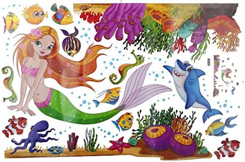 JAXSHION Mermaid Wall Decals - Kids Baby Girl Room Nursery Wall Decor Removable Under the Sea Wall Stickers Murals