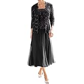 Mother of The Bride Dresses for Wedding Tea Length Lace Chiffon Formal Dress 2 Piece Grandmother Dresses with Jackets