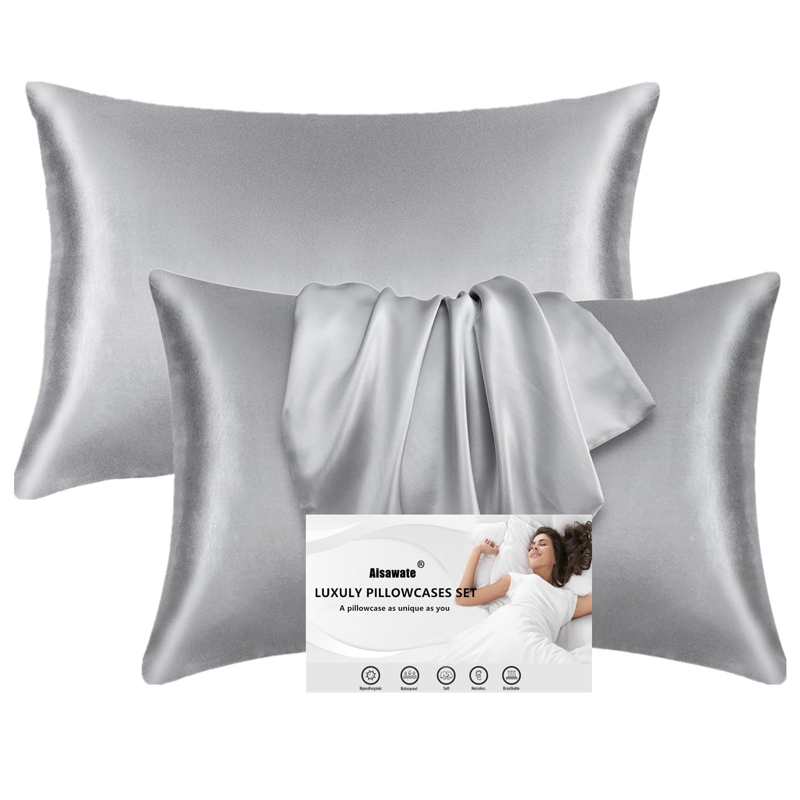 2 Pack Grey Satin Pillowcases for Hair and Skin, Softer than Silk Pillow Case，Luxurious and Silky Standard Pillow Cases with Envelope Closure, 50x75 cm