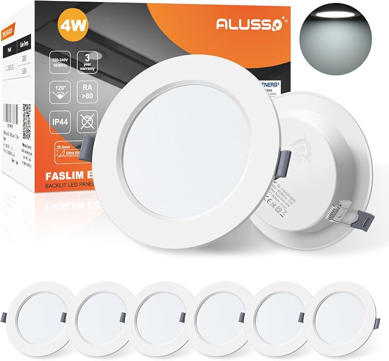 ALUSSO 4W Ultra Slim LED Downlights IP44 6500K Cool White 6 Pack