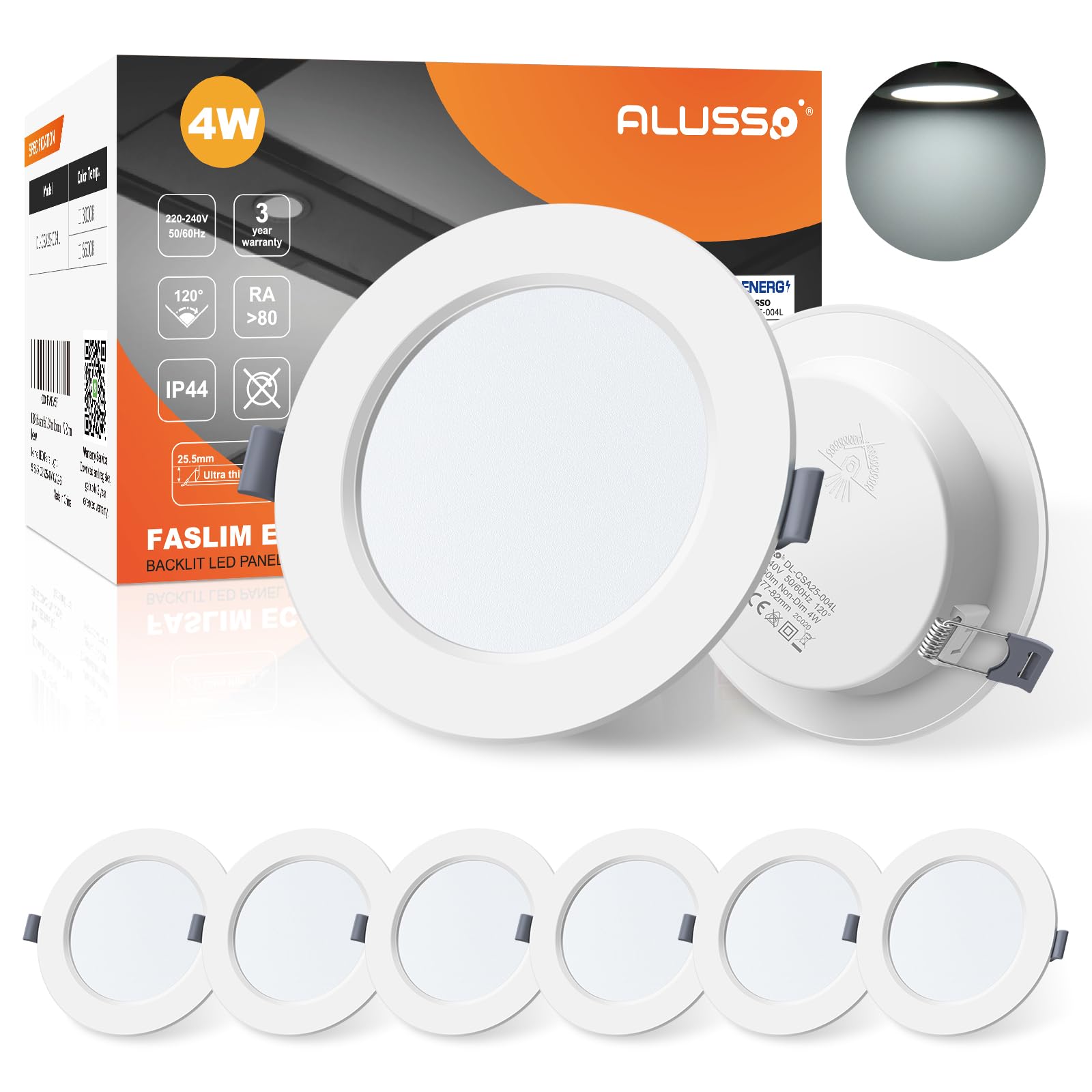 ALUSSO LED Downlights for Ceiling 4W Ultra Slim LED Recessed Ceiling Spot Lights 6500K Cool White IP44 Waterproof Spotlights Ceiling Lights for Bathroom Kitchen Living Room, 6 Pack