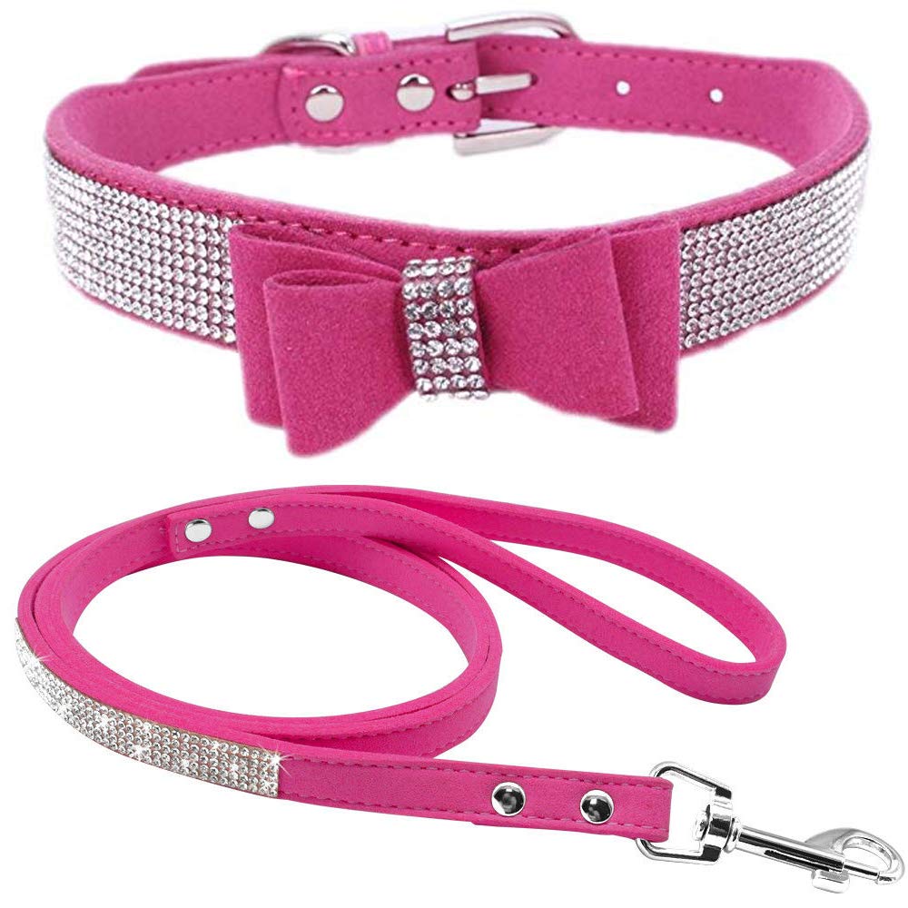 haoyueer Cute Dazzling Sparkling Elegant Fancy Soft Suede Leather Bling Rhinestone Crystal Jeweled Pet Cat Dog Puppy Collar Dog Leash Combo Set (XS, Hot Pink-1) — image 1