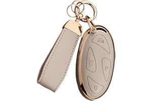 WiiLemz Key Fob Cover for Hyundai with Key Chain, Upper Leather + Soft TPU Car Key Case Shell Protector Fit for Ioniq 6 Grandeur GN7, KONA, Elanrtra, Santa Fe, Sonata, Tucson (CREAM, 5 BUTTONS)