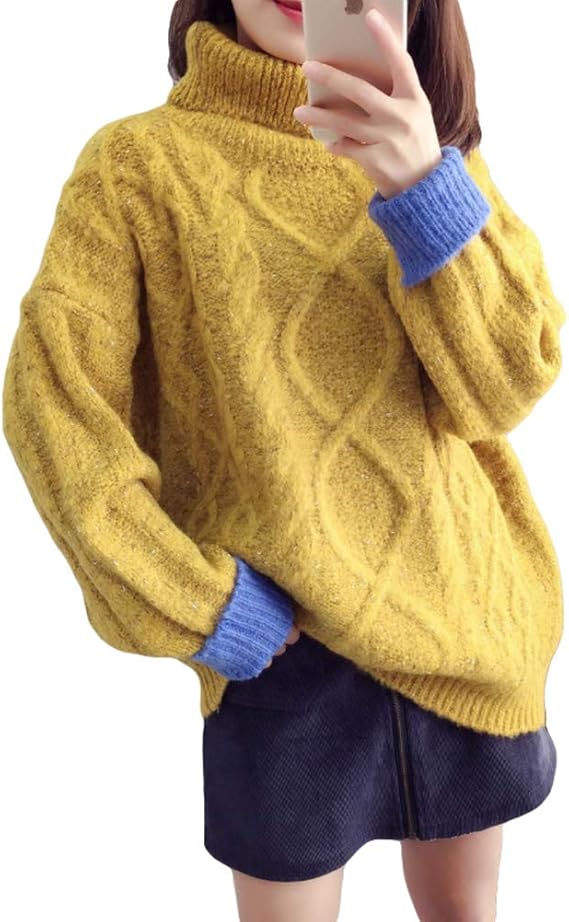Amazon ｚｈｏｎｇｊｕｅ レディースセーター タートルネック ゆったり ニット トップス プルオーバー 長袖 ハイネックセーター ケーブル編み セーター オーバーサイズ 韓国ファッション 冬服 イエロー セーター 通販