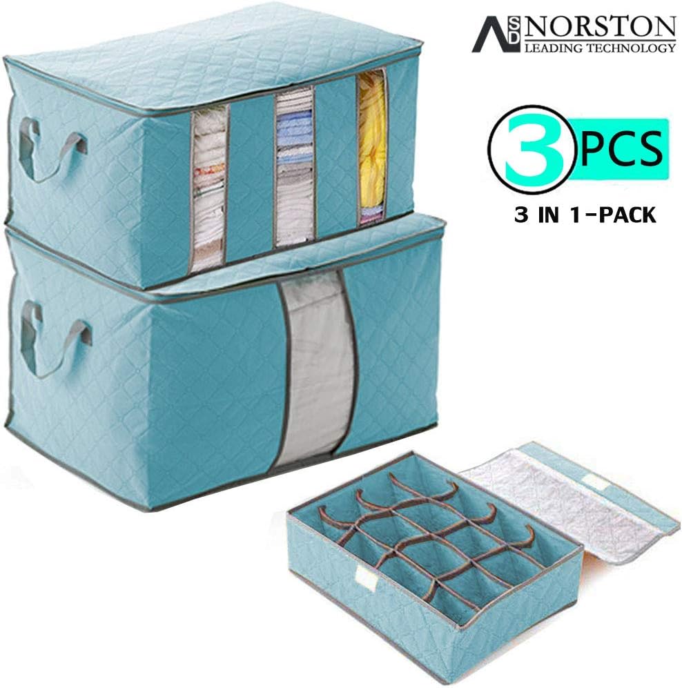 2pcs Large Capacity Thick Nonwoven Storage Bag for Comforters, Blankets, Bedding, Duvets, Clothes, Sweaters, and 1pcs Foldable Storage Box for Socks, Neck Ties, Handkerchiefs