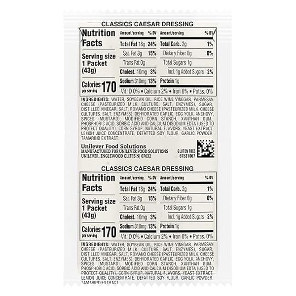 HELLMANN’S CLASSICS CAESAR SALAD DRESSING PORTION CONTROL SACHETS GLUTEN FREE, NO ARTIFICIAL FLAVORS, COLORS OR HIGH FRUCTOSE CORN SYRUP, 1.5 OZ, PACK OF 102