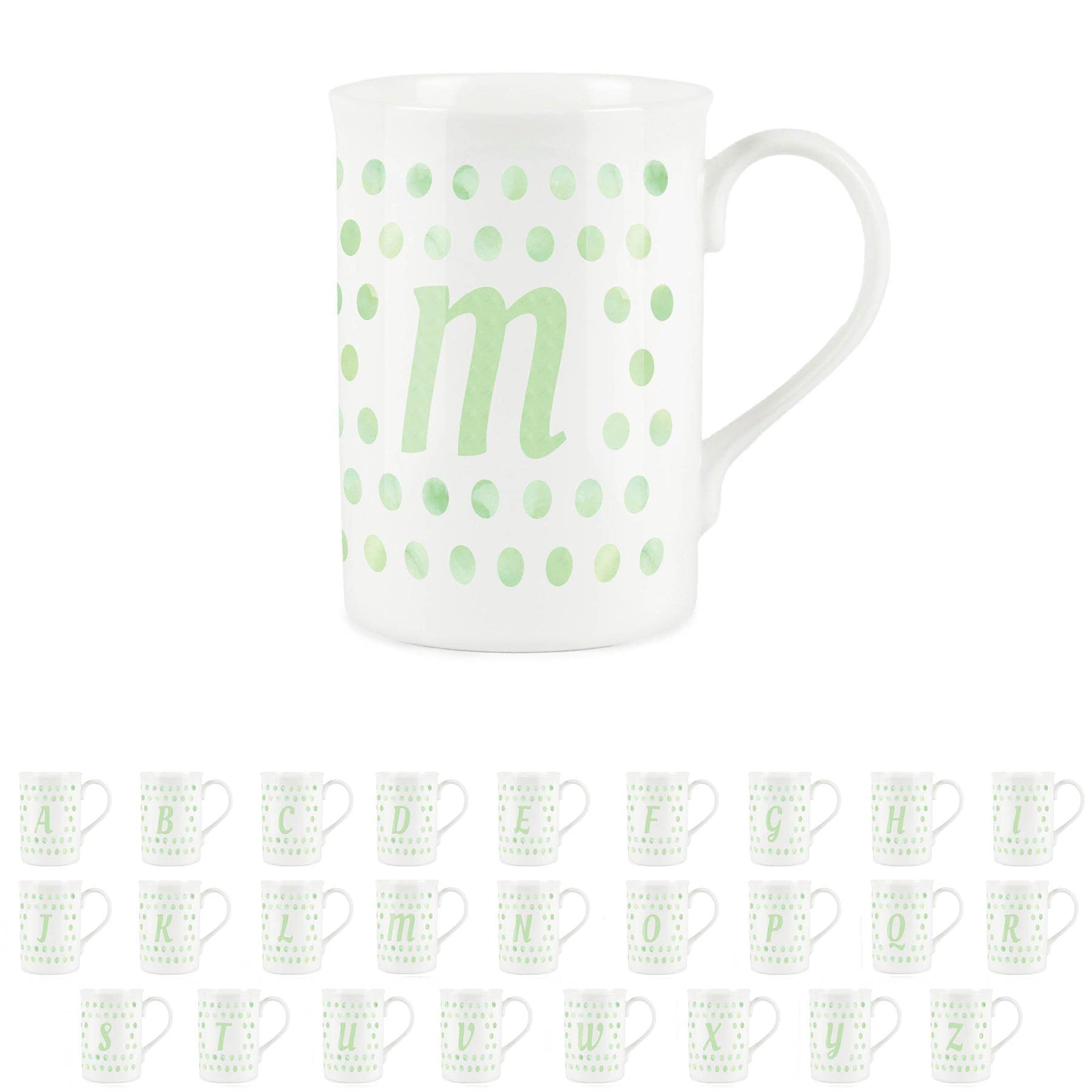 Purely Home Green Polka Dots Spots Letter M Mug - Fine Bone China Alphabet Initials Gift/Present Mug
