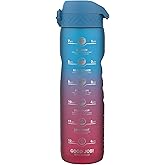Ion8 1 Litre Water Bottle with Times to Drink, Leak Proof, Flip Lid, Carry Handle, Dishwasher Safe, BPA Free, Soft Touch Contoured Grip, Ideal for Gym, Health and Fitness, 32 oz, Blue & Pink