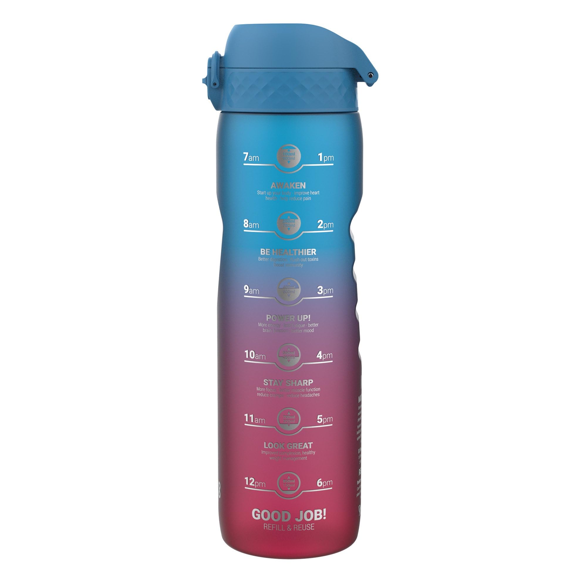 Ion8 1 Litre Water Bottle with Times to Drink, Leak Proof, Flip Lid, Carry Handle, Dishwasher Safe, BPA Free, Soft Touch Contoured Grip, Ideal for Gym, Health and Fitness, 32 oz, Blue & Pink — image 1