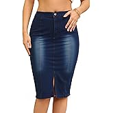 Allegra K Women's Denim Skirt High Waist Slit Hem Stretch Bodycon Pencil Skirt Knee Length Jean Skirts