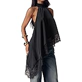 Verdusa Women's Y2k Asymmetrical Tops Rave Club Lace Satin Backless Cami Flowy Halter Top Going Out Outfits