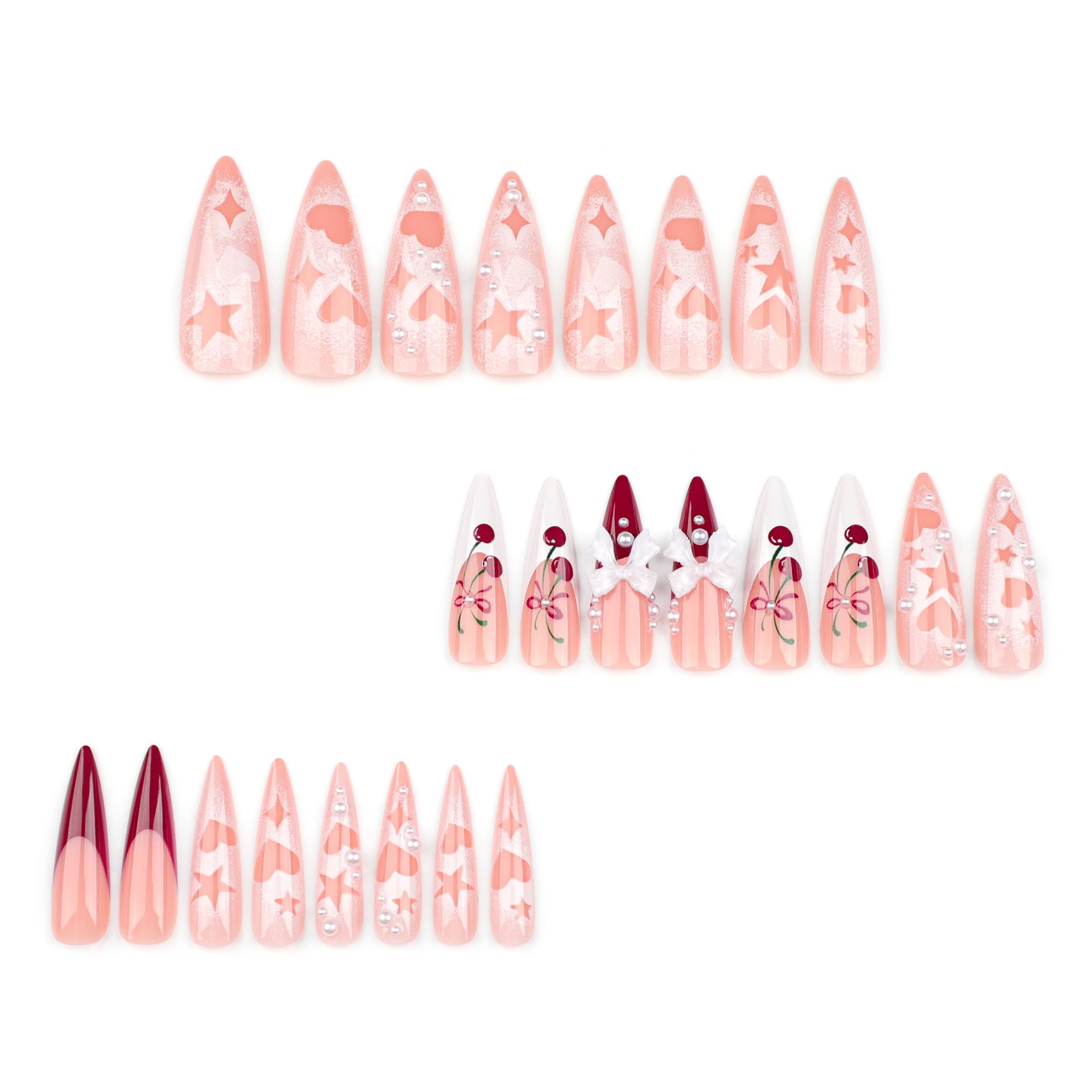 IMRAIN Long Press on Nails Stiletto Red French Tips Fake Nails Full Cover Glossy Acrylic Nails Press ons Cute Cherry & Bow Designs Glue Stick on False Nails for Women 24Pcs - Image 3