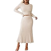 Pink Queen Ribbed Knit 2 Piece Dress Set for Women Fall Long Sleeve Crop Top with High Waist Skirt Set Cocktail Party Outfits