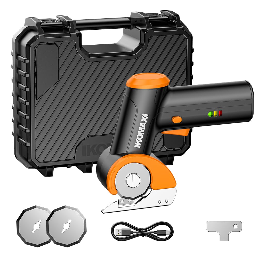 Photo 1 of **NON-FUNCTIONAL**
KOMAX Cordless Electric Scissors,4V Cardboard Cutter with 3 Blades,Rechargeable 2000mAh Battery,Storage Box,Fabric Scissors Electric Box Cutter for Cardboard,Leather,Carpet,Fabric,Plastic - Black