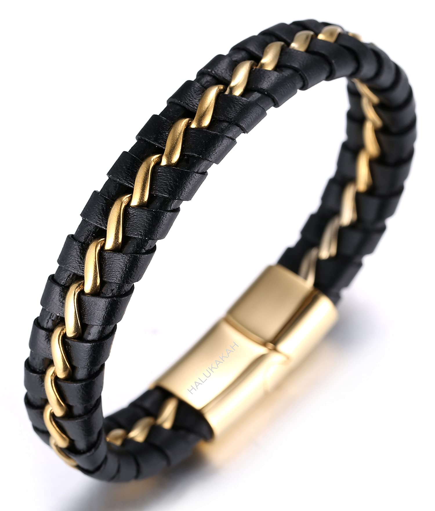 HALUKAKAH Kids ● Solo Junior ● Boy's Genuine Leather Bracelet Black 6-12 Y/O. Titanium Silver Chain Magnetic Clasp 7"/18cm with Free Giftbox — image 1