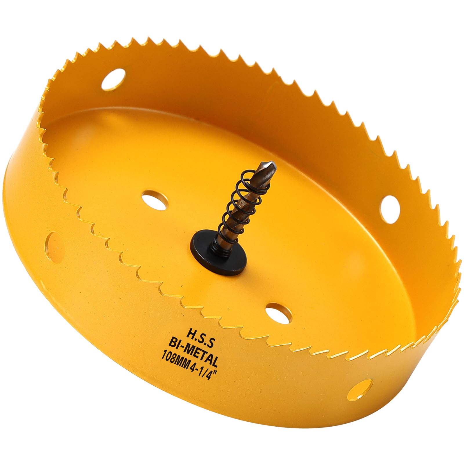 108mm Hole Saw, HSS Bi-Metal Hole Cutter with Drill Bit for Wood, Plastic, PVC, Fiberglass and Plasterboard, Yellow
