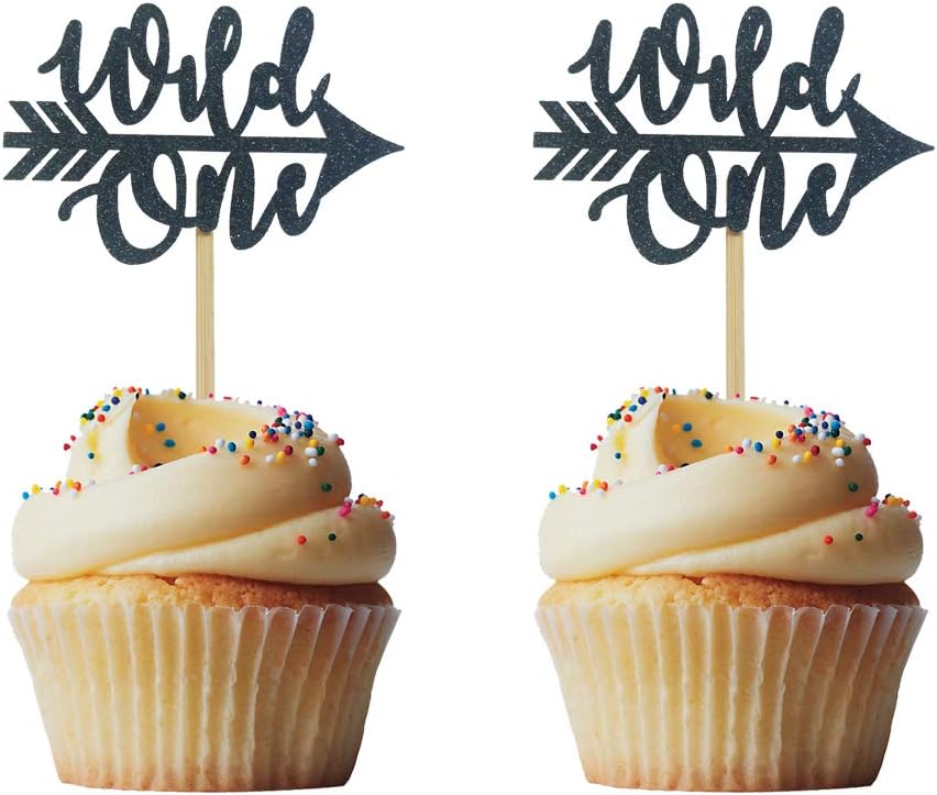 Morndew 24 PCS Black Glitter Wild One with Arrow Cupcake Topper for First Birthday 1st Birthday Party Decorations