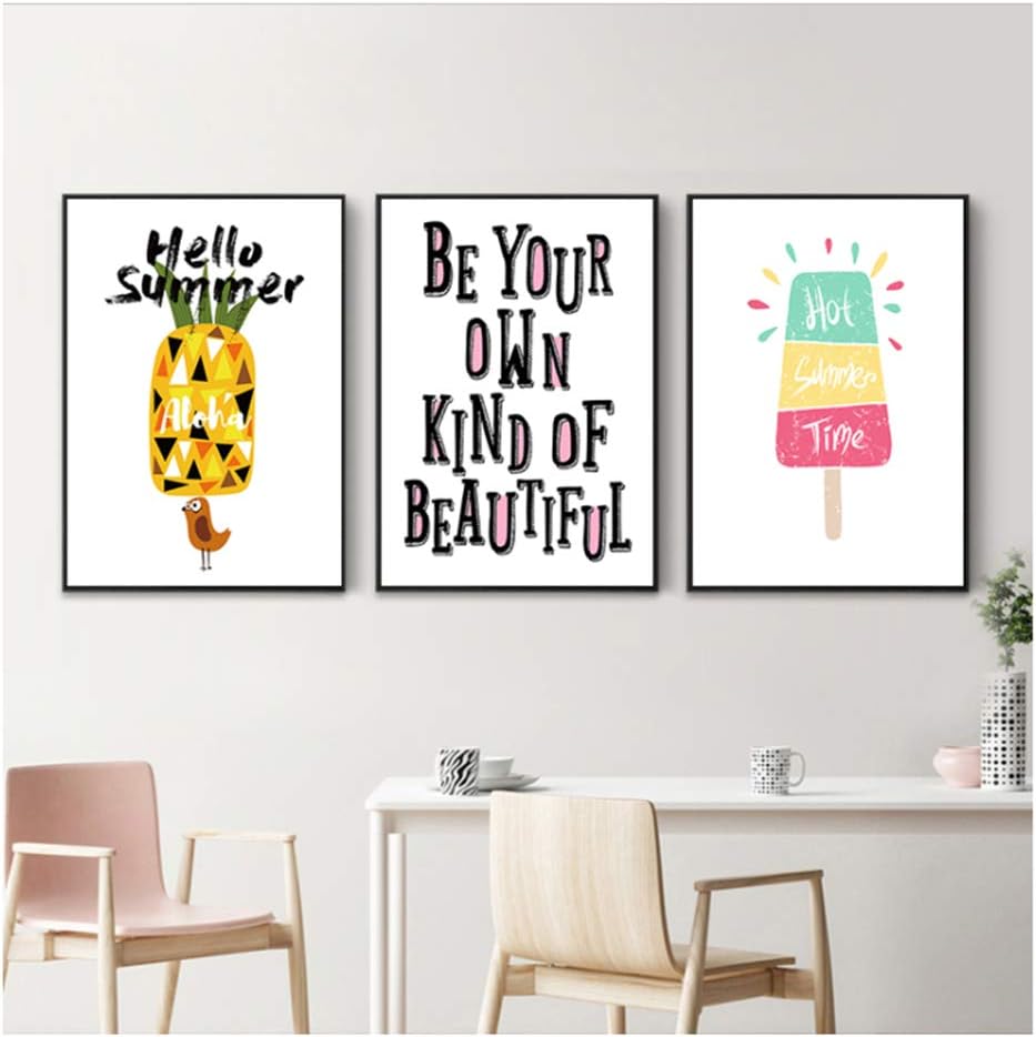 XIANGPEIFBH Print Canvas Wall Art Nordic Cartoon Fruit Pineapple Ice Cream Art Abstract Poster Picture Bedroom Frame Decor 40x50cm(15.7"x19.7) x3 with Frame