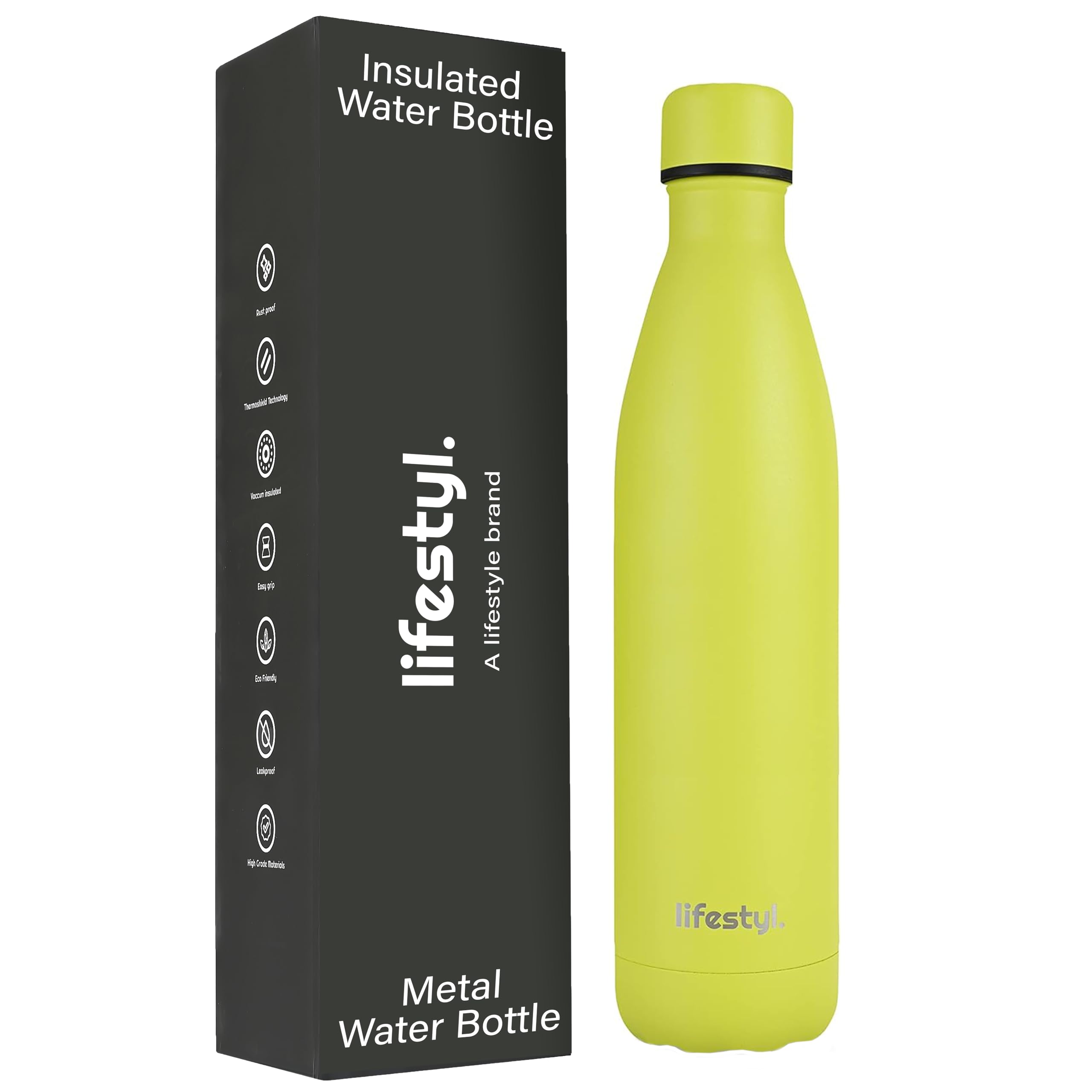LIFESTYL. Stainless Steel Water Bottle | 24 Hrs Cold & 12 Hot| Thermoshield Technology Vacuum Insulated Metal Bottles, Leak-Proof Drinks for Gym, Yoga, Cycling (1000 ml, Citrus Green)