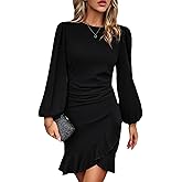 Spicy Sandia Women Ruched Bodycon Cocktail Formal Mini Dress Elegant Ruffled Lantern Sleeve Business Work Banquet Tulip Dress