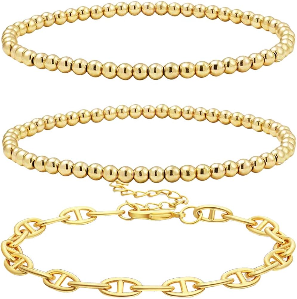 Reoxvo 18K Gold Plated Stainless Steel Gold Beaded Ball Bracelets for Women Stackable Stretch