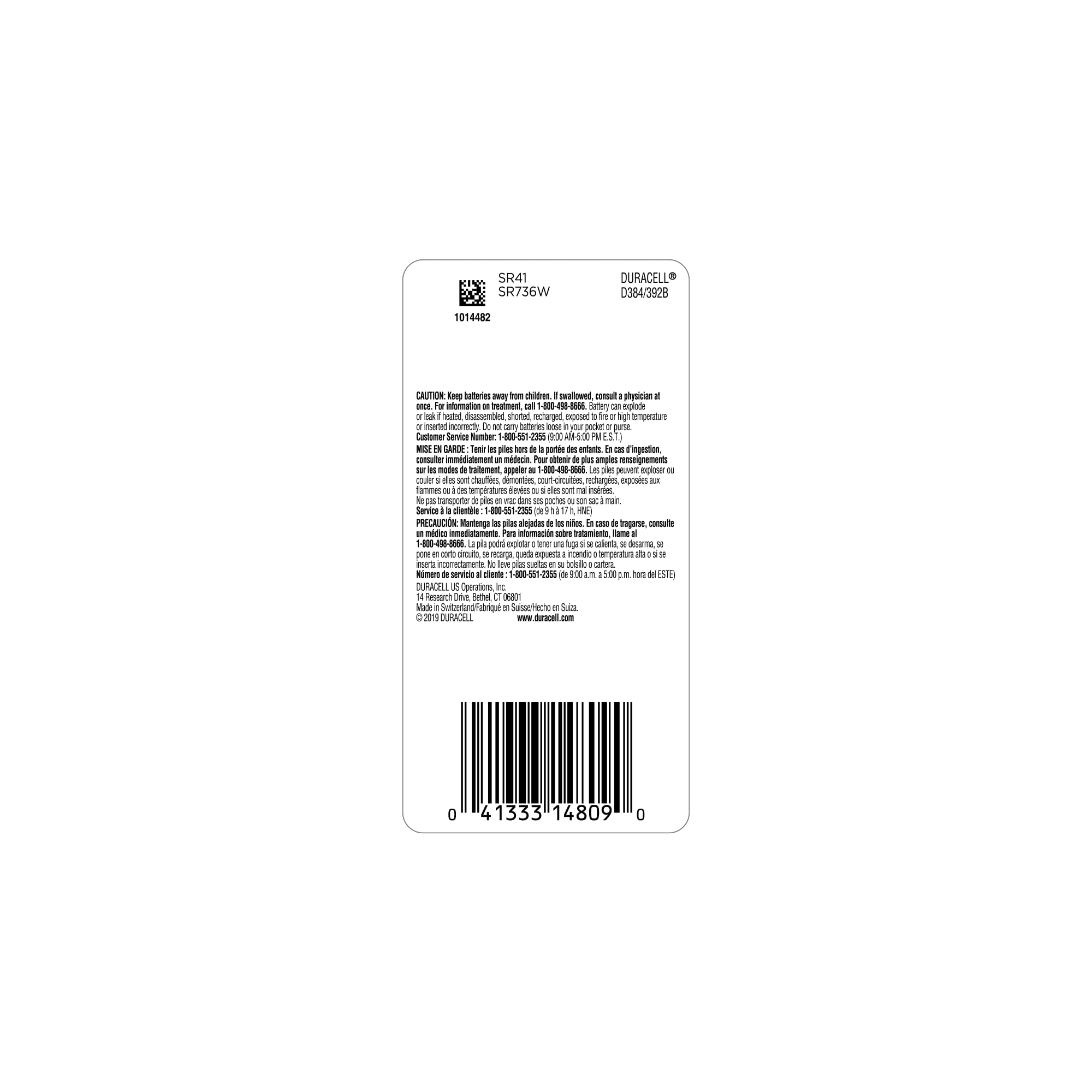 Duracell 384/392 Silver Oxide Button Battery, 1 Count Pack, 384/392 1.5 Volt Battery, Long-Lasting for Watches, Medical Devices, Calculators, and More