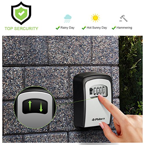 PHILORN Key Lock Box, 4-Digit Combination Lockbox | Resettable Code - Weatherproof - Wall or Door Mounted | Top Security, Ultra-Sturdy Key Safe for Jewelry, Card, House Key Storage