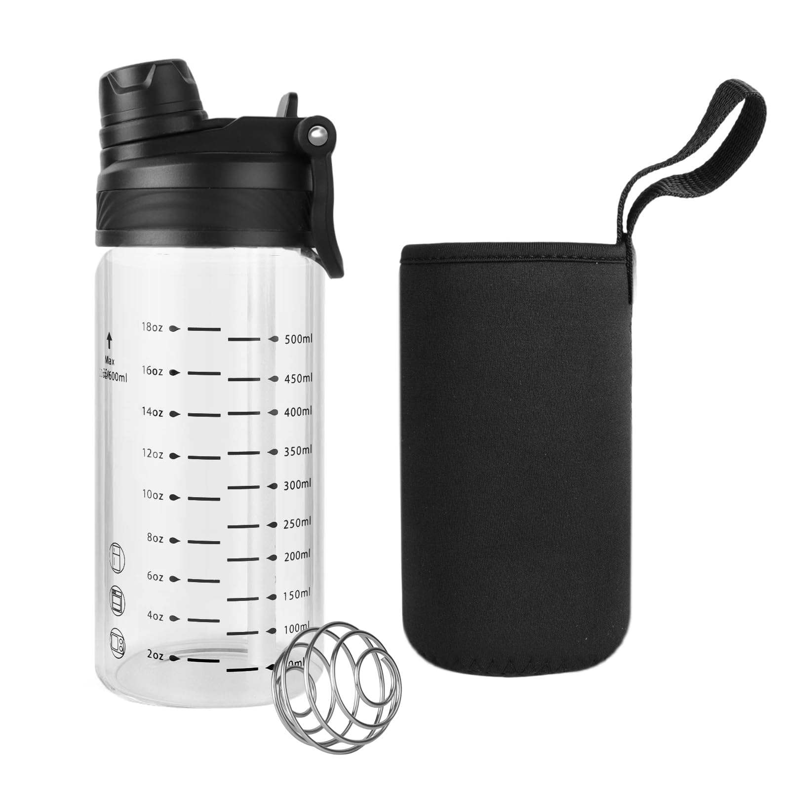 Photo 1 of TONGRANG-LIFE 20oz/600ml Glass Shaker Bottle,2-in-1 Sip & Straw Drinking, Wide Mouth Glass Water Bottle for Ice & Fruit Infusions with Measurement (oz/ml) and Stainless Steel Ball,Shakers (1 Piece)