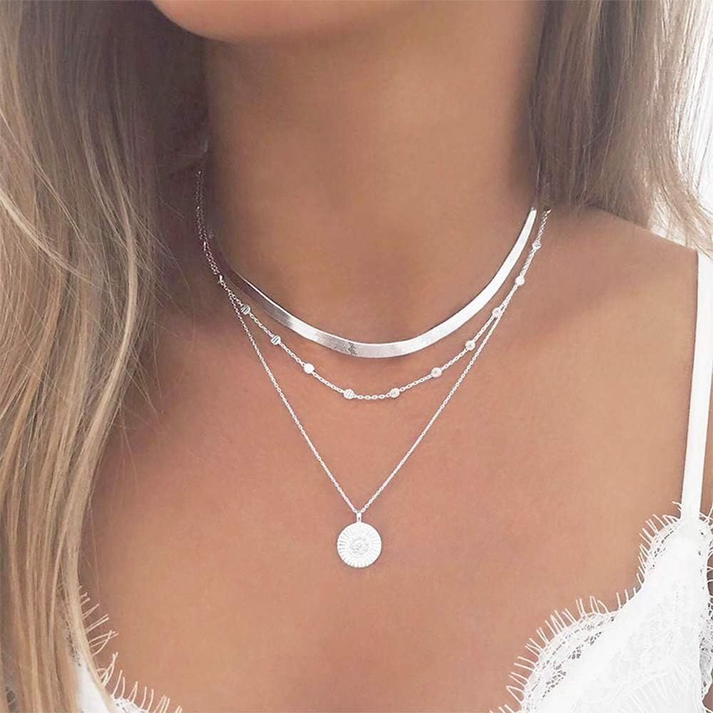 Ceqiny Multi-layer Choker Necklace Bead Round Coin Necklace Pendant Adjustable Chain Necklace Long Chain Tassels 3-Layer Charm Pendant Choker Friendship Necklace Gift for Women Girls, Silver: Clothing