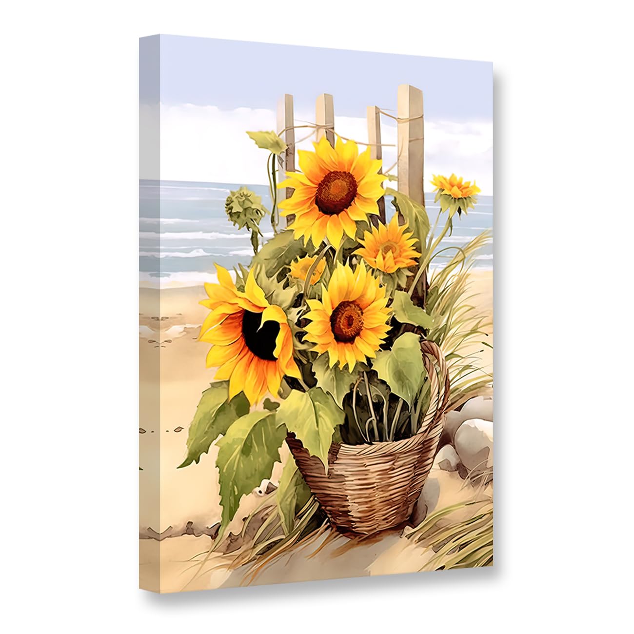 CCWACPP Sunflower Canvas Wall Art Yellow Flower Print Painting Rustic Floral Beach Sea View Picture Farmhouse Kitchen Decor Frame (Sunflower, 60L x 40W cm)