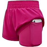 Haloumoning Girls Athletic Shorts High Waist Elastic 2 in 1 Running Shorts with Side Pockets 5-14 Years