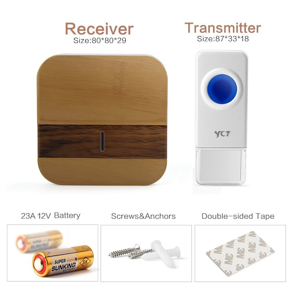 YCZ Wireless Doorbell Chime Wood Receiver Waterproof Push Button Remote Operating Range at Over 1000 ft with 52 Chimes with LED Indicator for Home Office Store and More (2 push button+2 receiver)