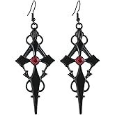 Gothic Cross Earrings Black Red Crystal Gemstone Cross Dangle Drop Earrings Dark Punk Style Vampire Jewelry Goth Large Sword Earring Vintage Black Sword Earring Christmas New Year Halloween Costume Jewelry for Women